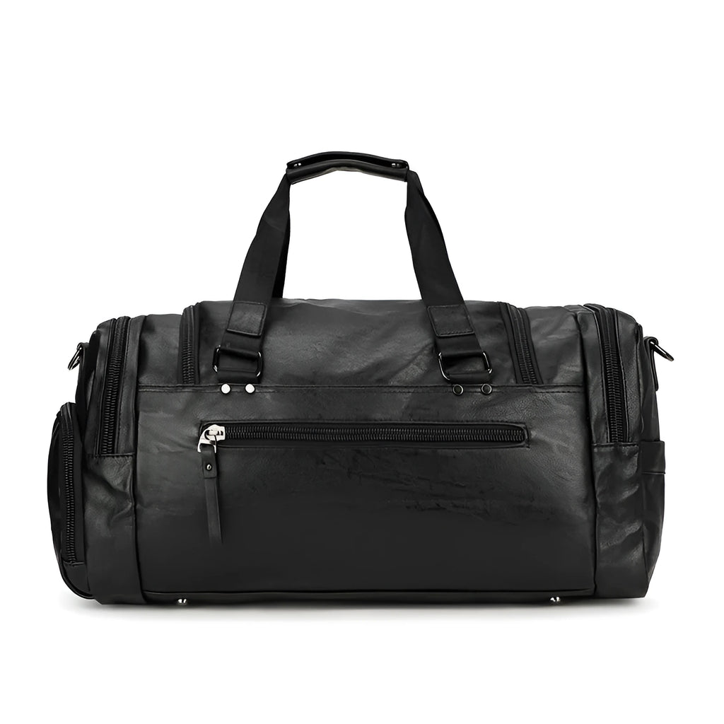 Black PU travel bag with separate shoe compartment showing dimensions of 52cm length