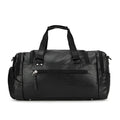 Black PU travel bag with separate shoe compartment showing dimensions of 52cm length