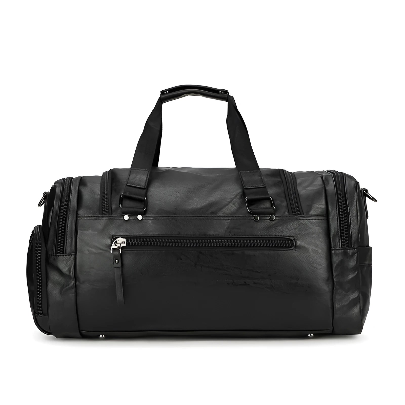 Black PU travel bag with separate shoe compartment showing dimensions of 52cm length