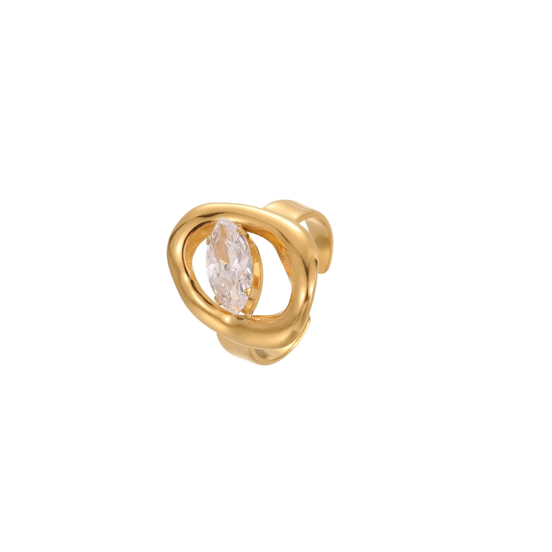 Geometric open mouth zircon ring made from stainless steel, showing its free size design.