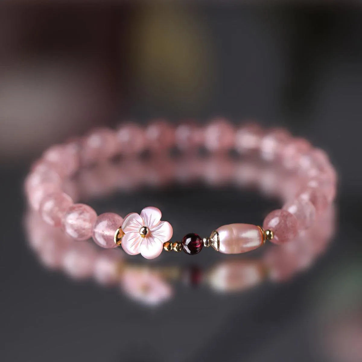 Strawberry quartz crystal bracelet with peach blossom flower design for women's casual jewellery