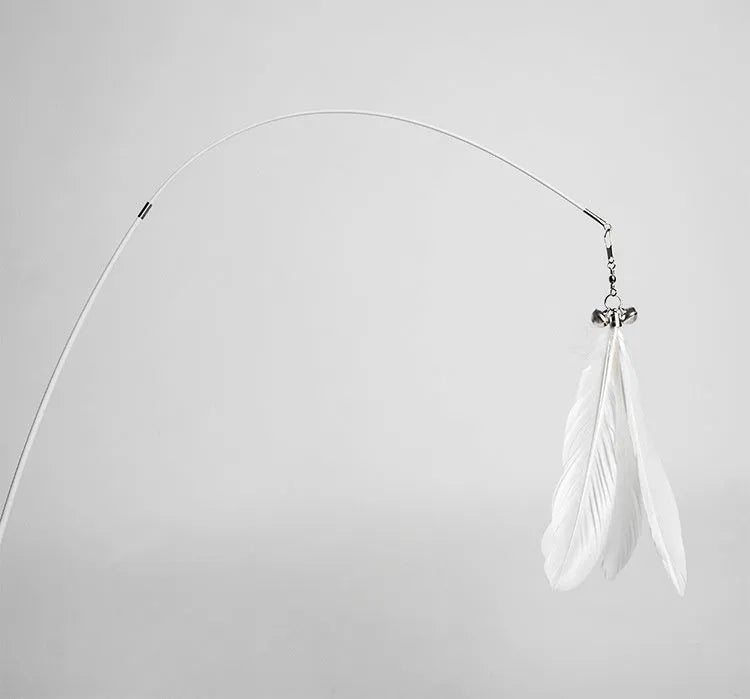 Telescopic fishing rod cat toy with goose feather lure, removable bell, extended to 80 cm on white background