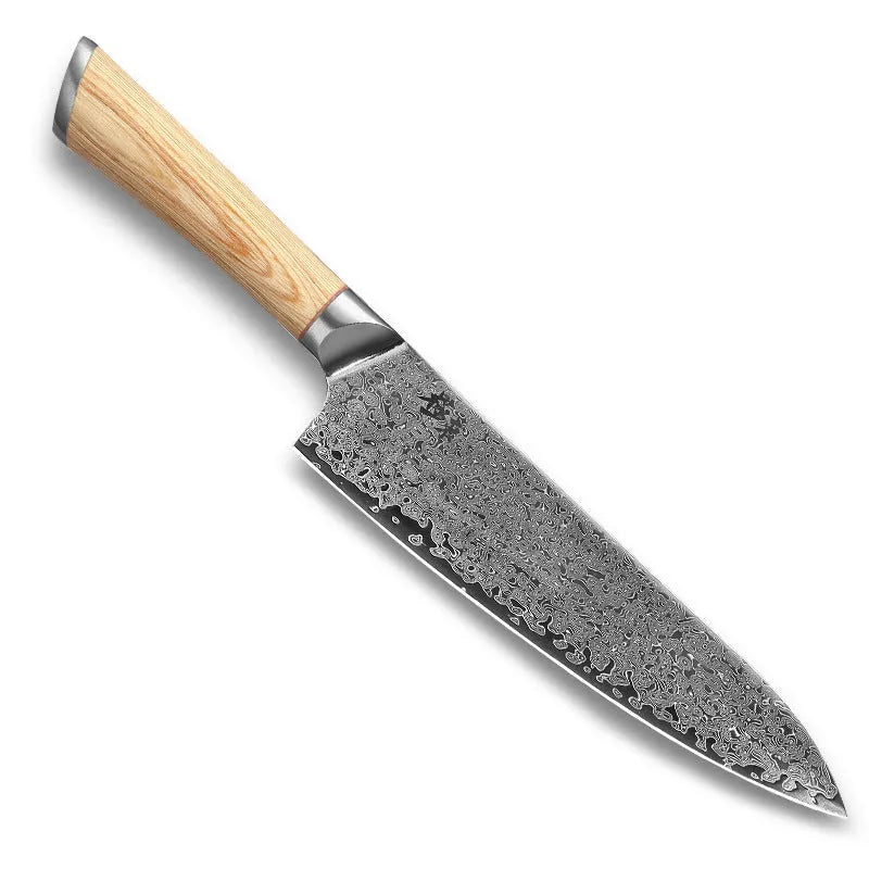 Damascus kitchen knife 7.5 inch blade 67-layer forged stainless steel New Chinese style knife on cutting board