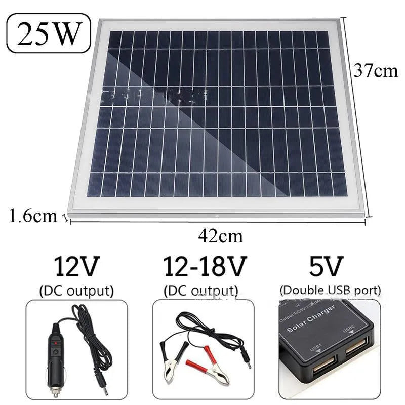 Polysilicon solar panel with dual USB ports for outdoor charging, available in 10W, 15W, 20W and 25W power options.