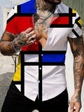Men's slim fit geometric print short sleeve cardigan shirt on a hanger.