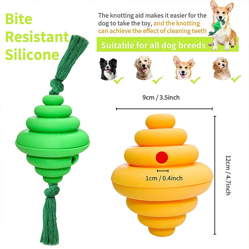 Green and yellow dog ball with rope toy for large breeds showing treat dispensing slot