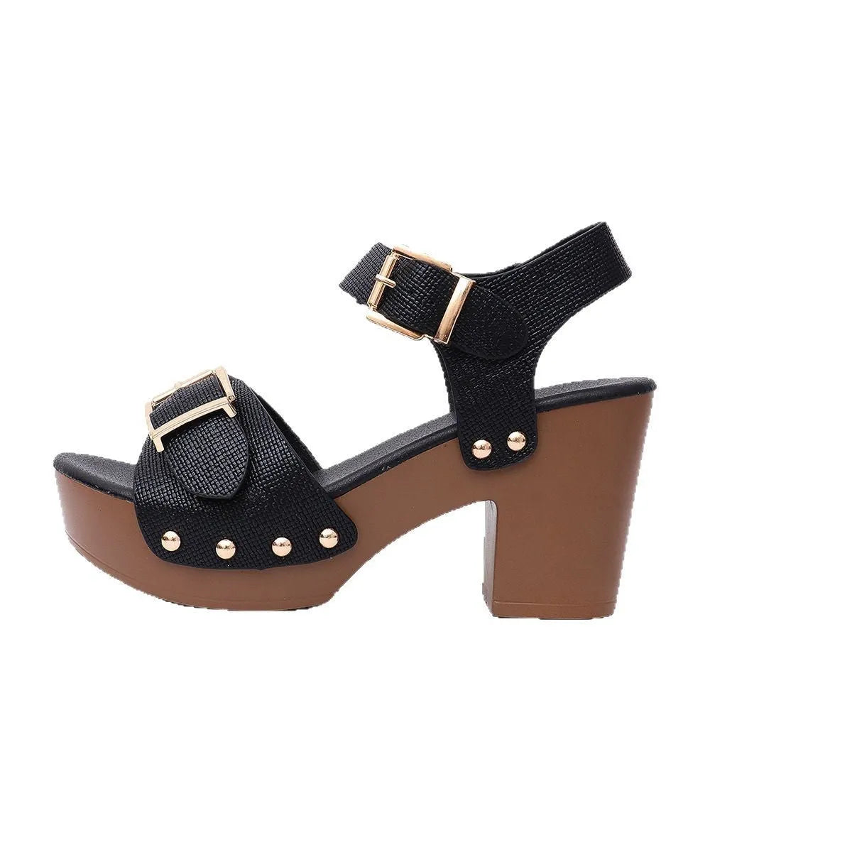 Women's plus size buckle high heel sandals in black colour with rivet detail