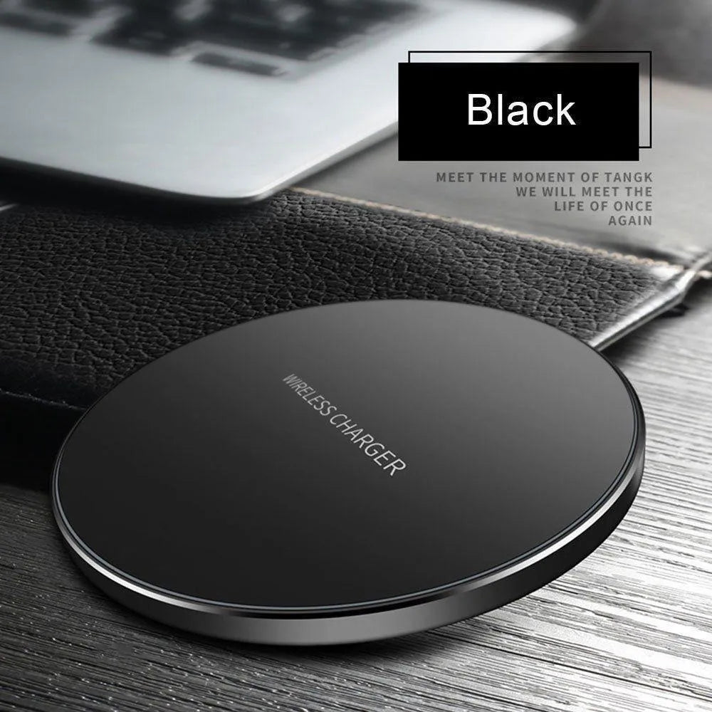Black ultra-thin wireless fast charging base measuring 98mm square with 6.5mm thickness