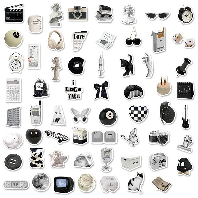 A pack of 61 black and white simple design waterproof PVC stickers for laptops and personal items.