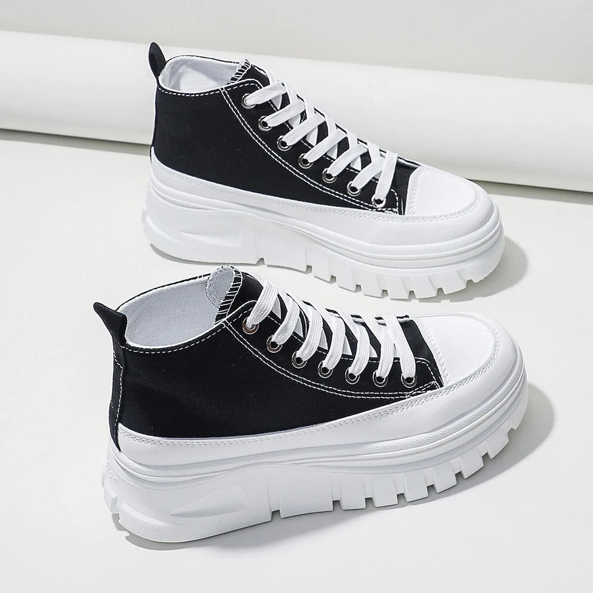 Women black lace-up high top flatform canvas shoes with height increasing insole and T-strap detail