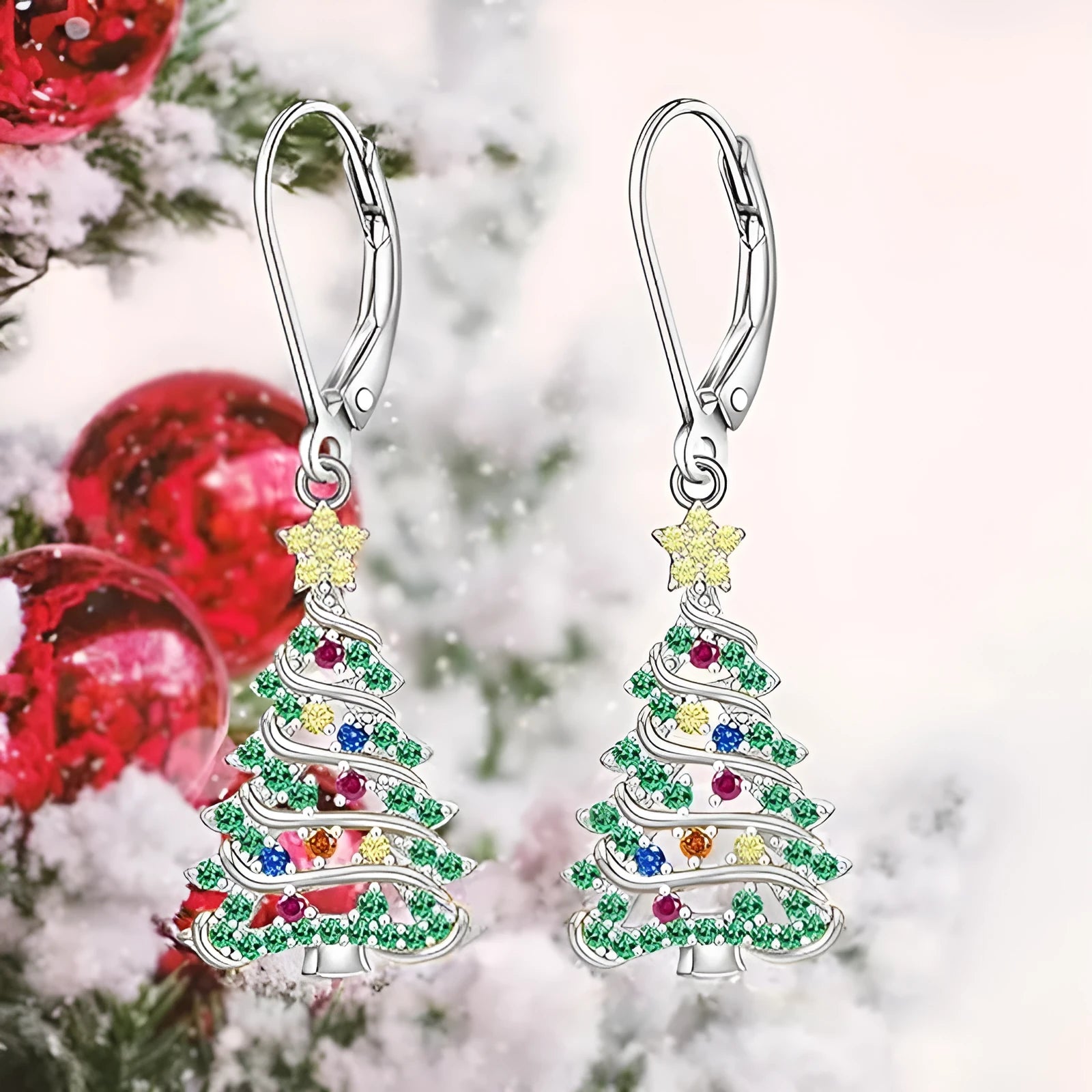 Christmas tree earring pendant with star element in white gold colour finish