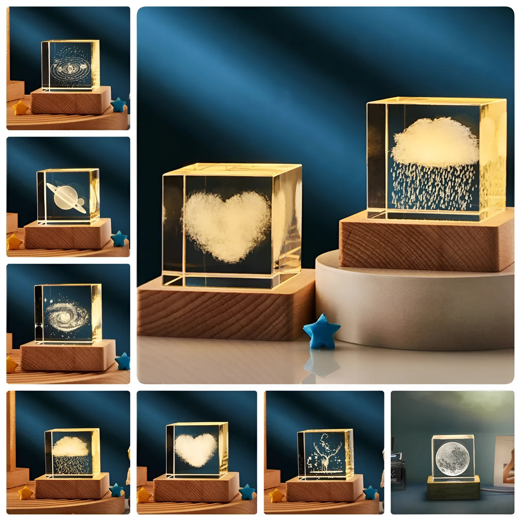 3D transparent crystal cube night lamp with warm light glowing, glass lampshade, 40mm size