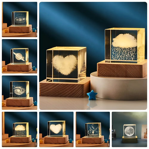 3D transparent crystal cube night lamp with warm light glowing, glass lampshade, 40mm size