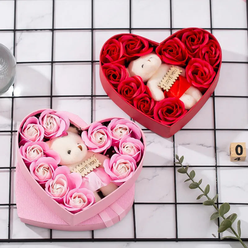 Heart-shaped red gift box with soap roses for Valentine's Day or Christmas gift