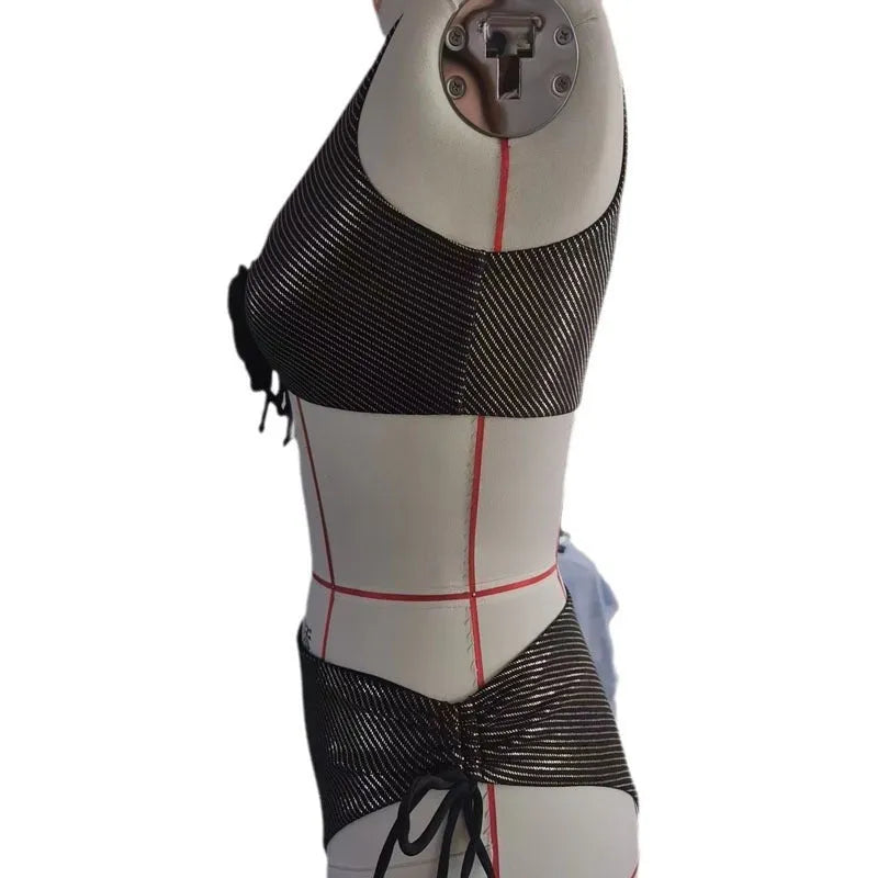 3D stereo triangle swimsuit for women in black polyester, sleeveless sport style, front view