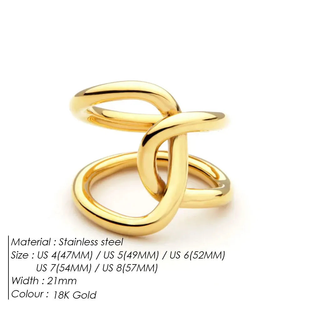 Adjustable knotted stainless steel ring in geometric U-shape, shown in gold and steel colours.