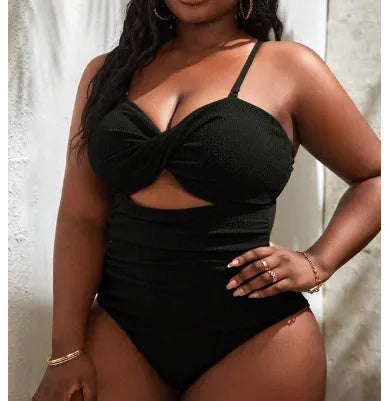 Women's plus size black one-piece bikini swimsuit with polyester and spandex lining, sleeveless, sizes 0XL to 5XL