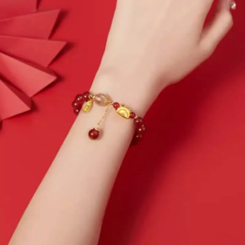 Chinese style Hetian jade and red agate bracelet with lucky blessing card and dragon charm, 925 silver and gold plated