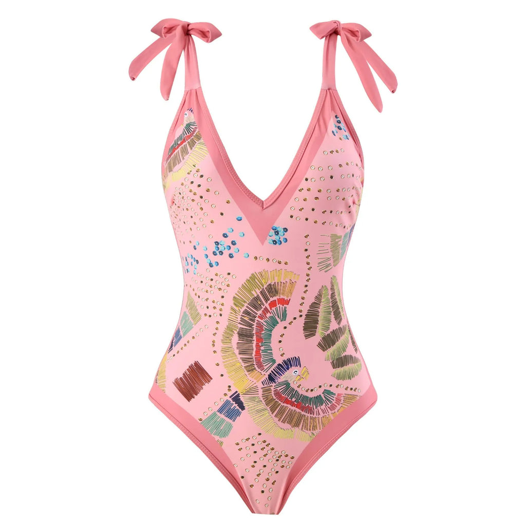 French retro one-piece backless swimsuit in blue with matching gauze skirt for beach or hot spring use