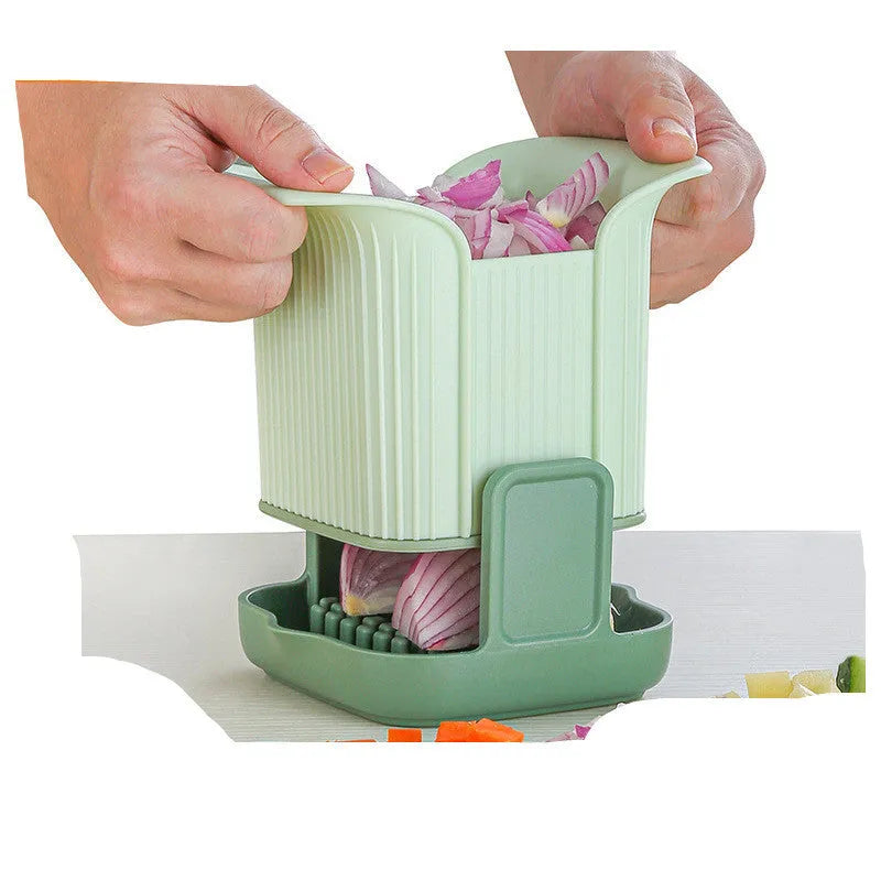 Multifunctional green vegetable chopper with hand press and stainless steel blade for slicing potatoes and onions