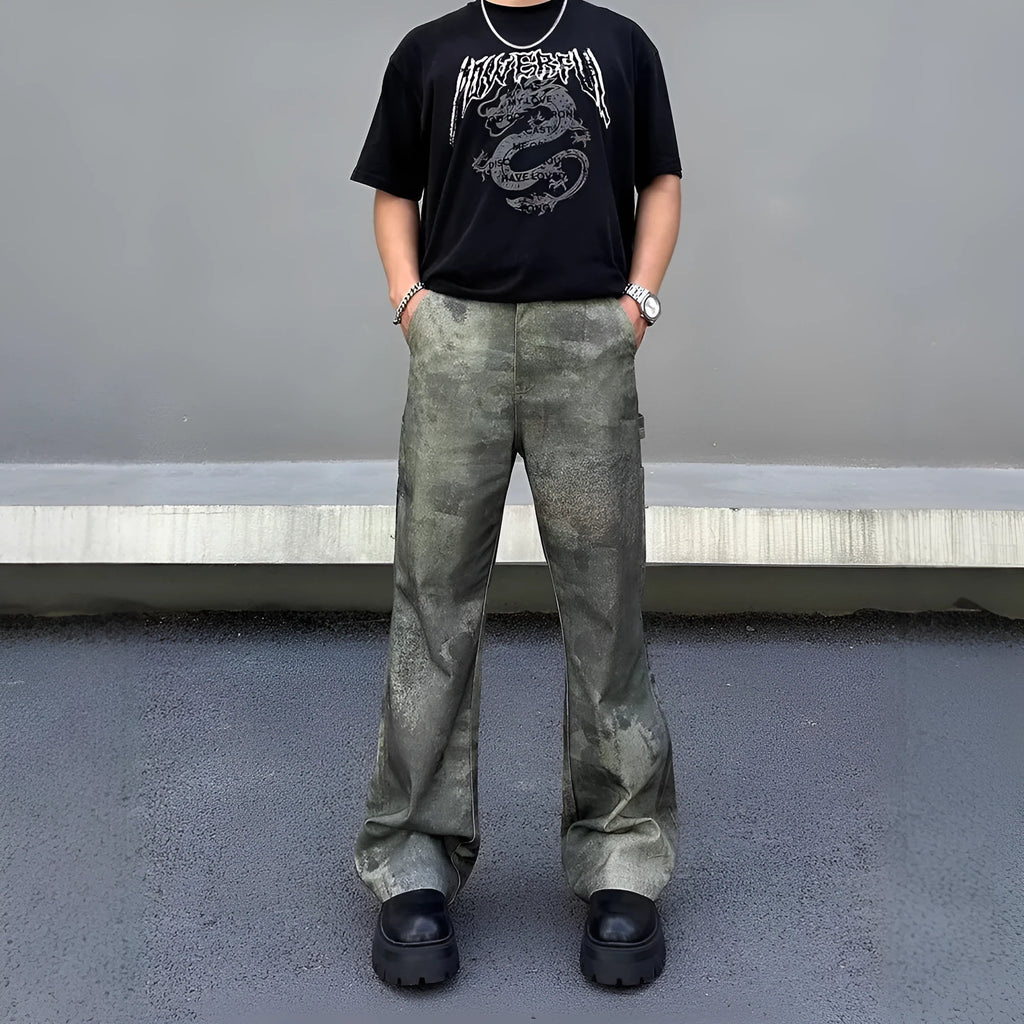 Men's straight-leg camouflage print jeans on a white background