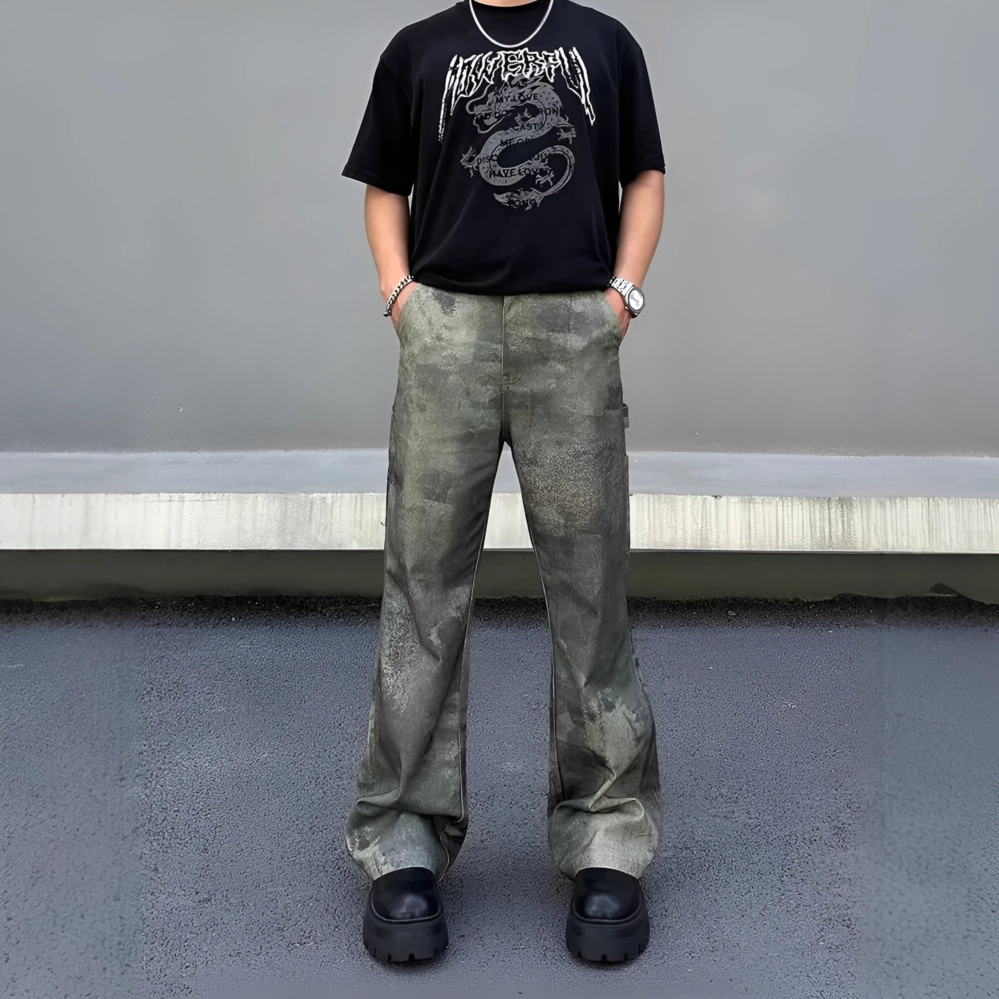 Men's straight-leg camouflage print jeans on a white background