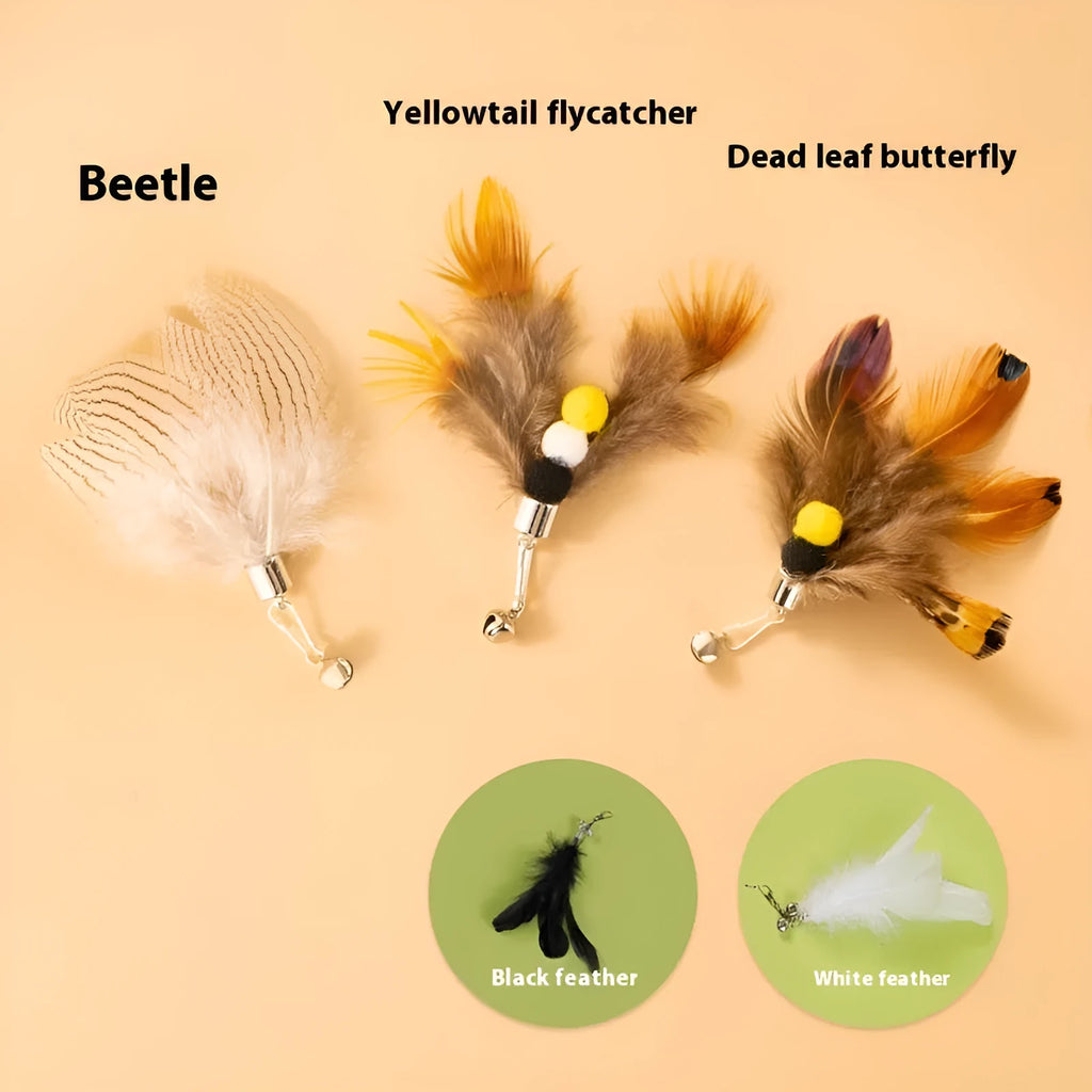 Three steel wire cat toy replacement heads with small flying insect designs in varied colours