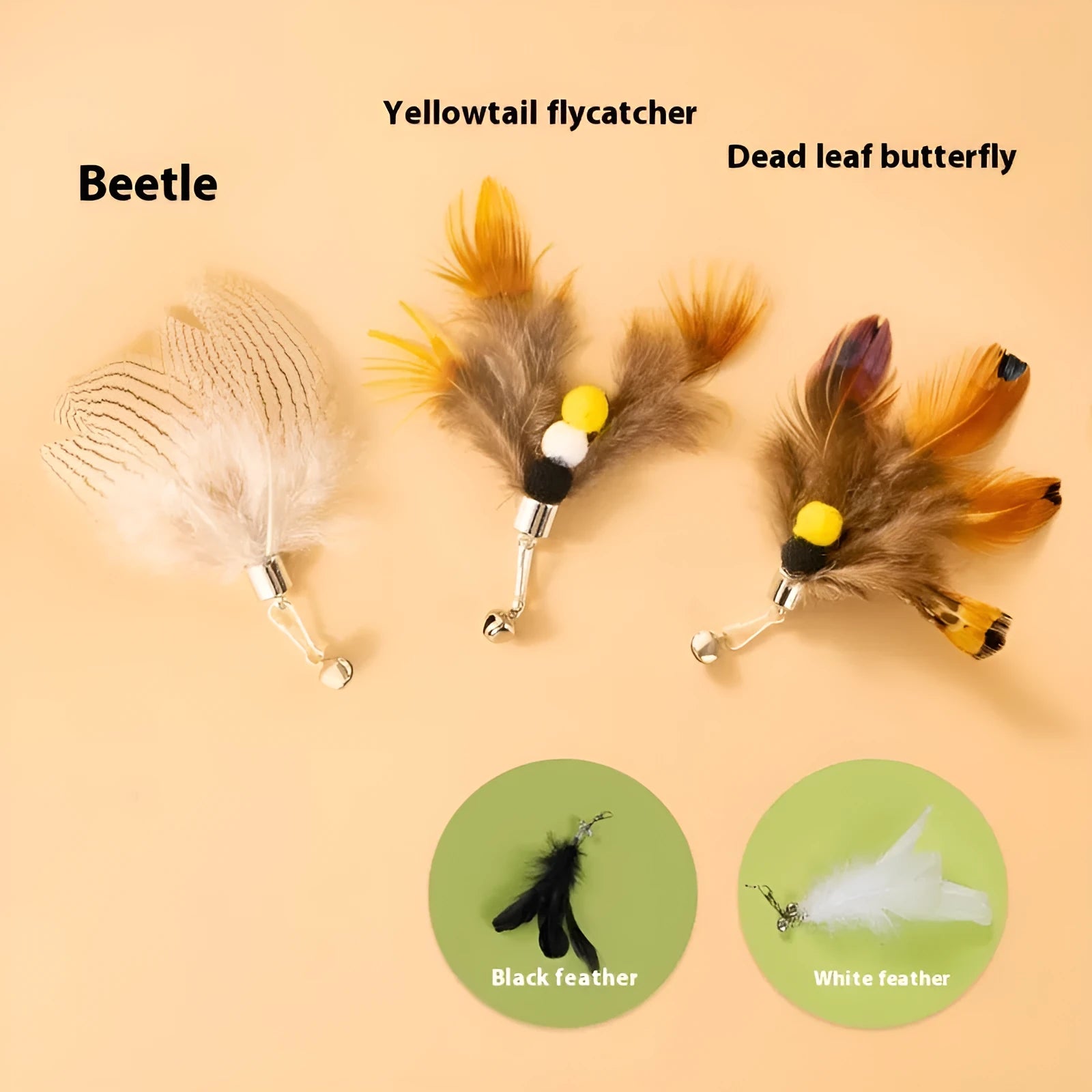 Three steel wire cat toy replacement heads with small flying insect designs in varied colours
