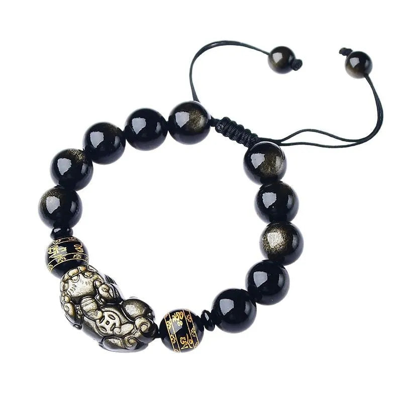 Natural golden obsidian Pi Xiu bracelet hand-woven Chinese style unisex bead sizes 8mm 10mm 12mm 14mm
