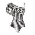 Women's one-piece ruffled striped polyester swimsuit with black skirt, sleeveless, available in multiple sizes