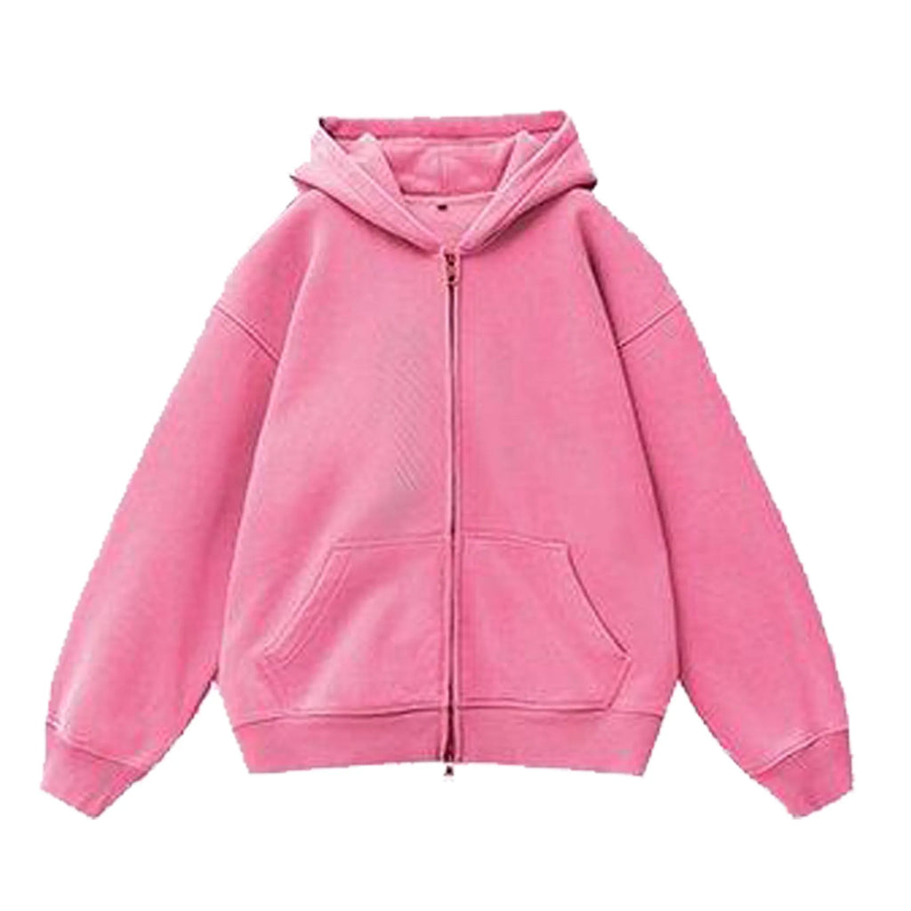Fleece-lined distressed hooded cardigan sweater for women in dark grey with drop-shoulder sleeves and size patch pockets
