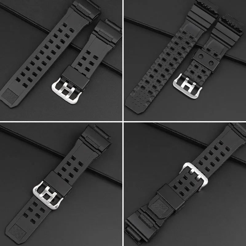 Camouflage pattern TPU watch strap with silver buckle, shown in multiple colour options.