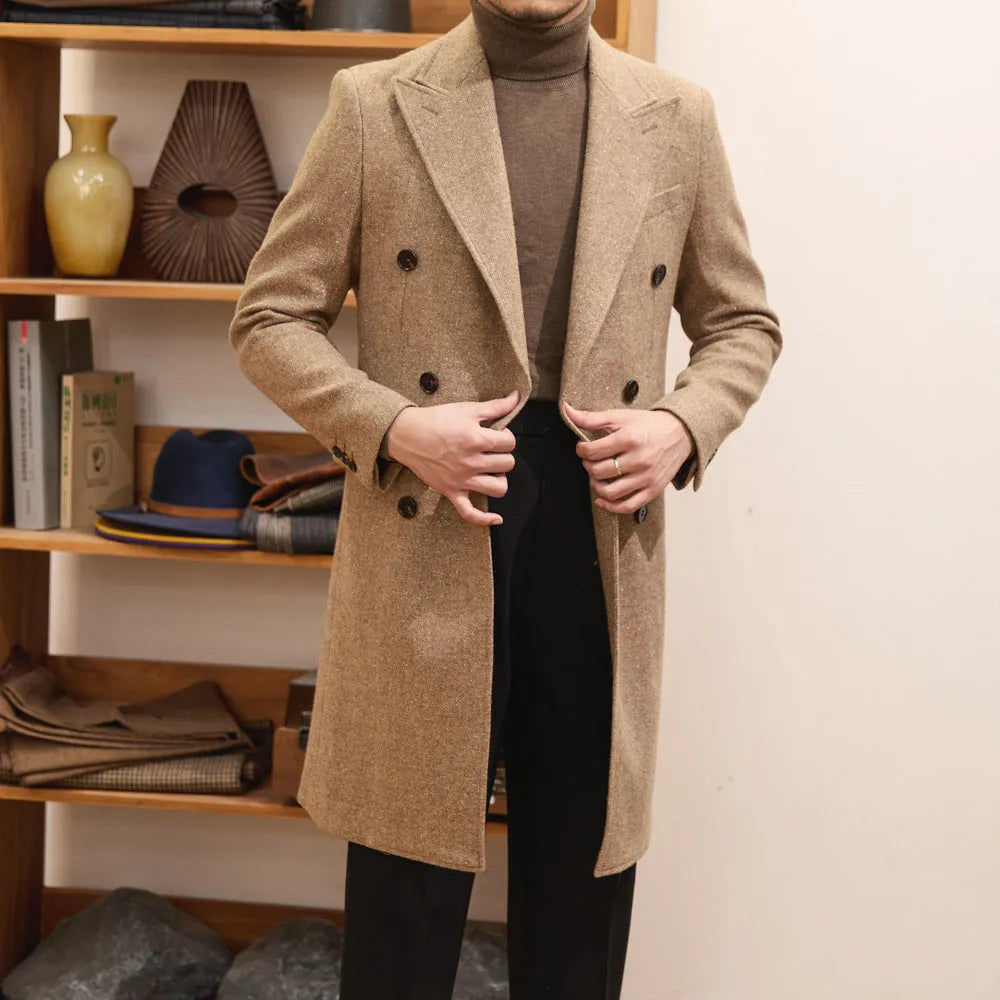 Brown double breasted wool blend slim fit jacket for men with side pockets and straight hem