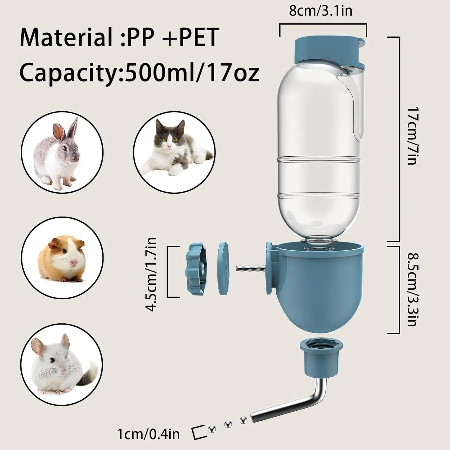 Small animal water bottle with rotating nozzle mounted on cage, shown in blue colour with 500ml capacity marking