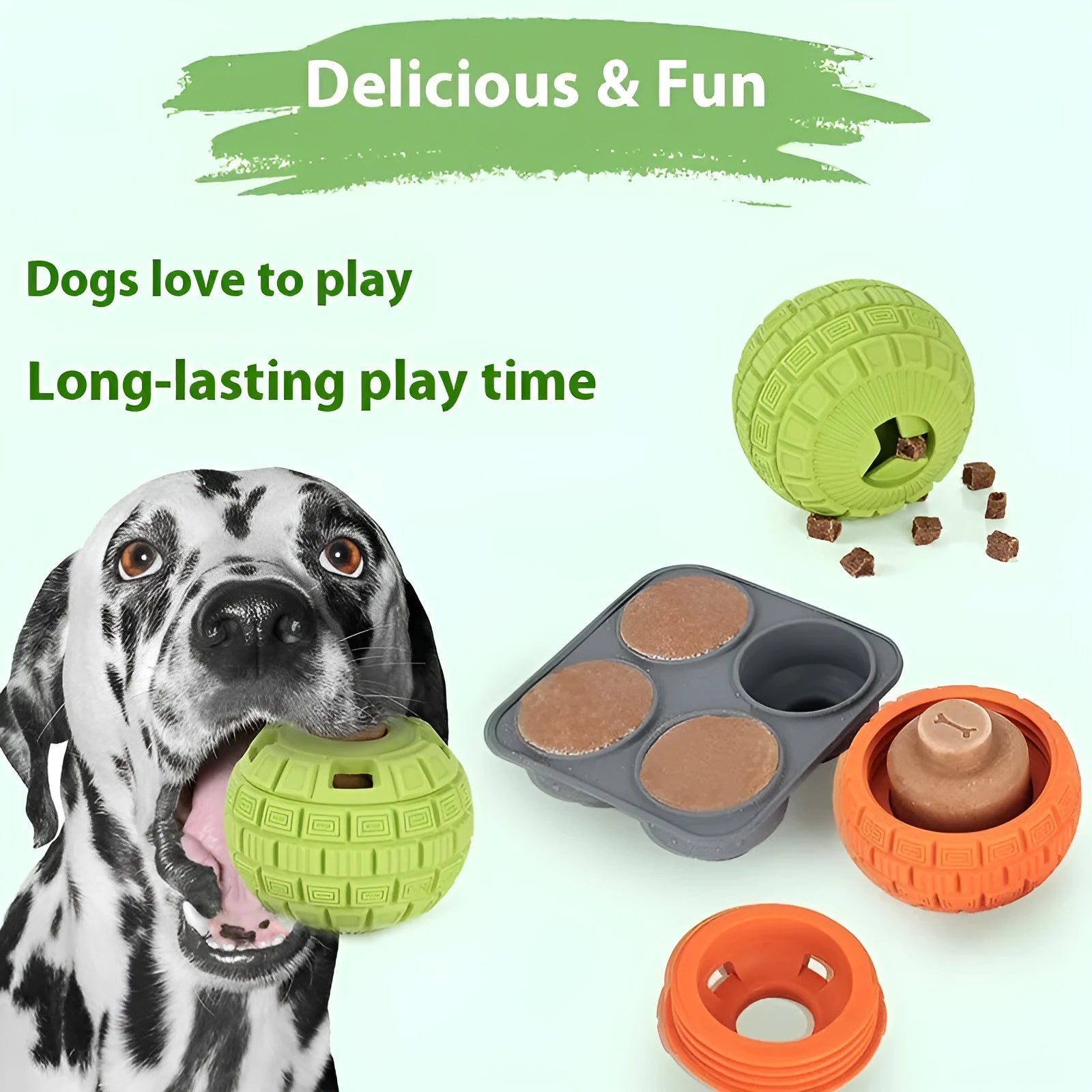 Natural rubber food dropping ball pet toy in green and orange, 14cm long, on light background