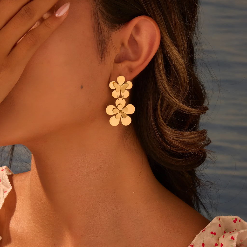 Gold flower butterfly geometric earrings for women with stainless steel construction