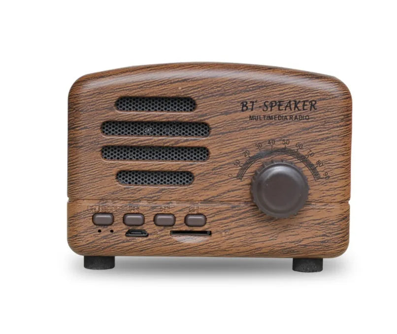 Vintage wood finish Bluetooth speaker in compact 93x70x59mm dimensions with wood grain appearance