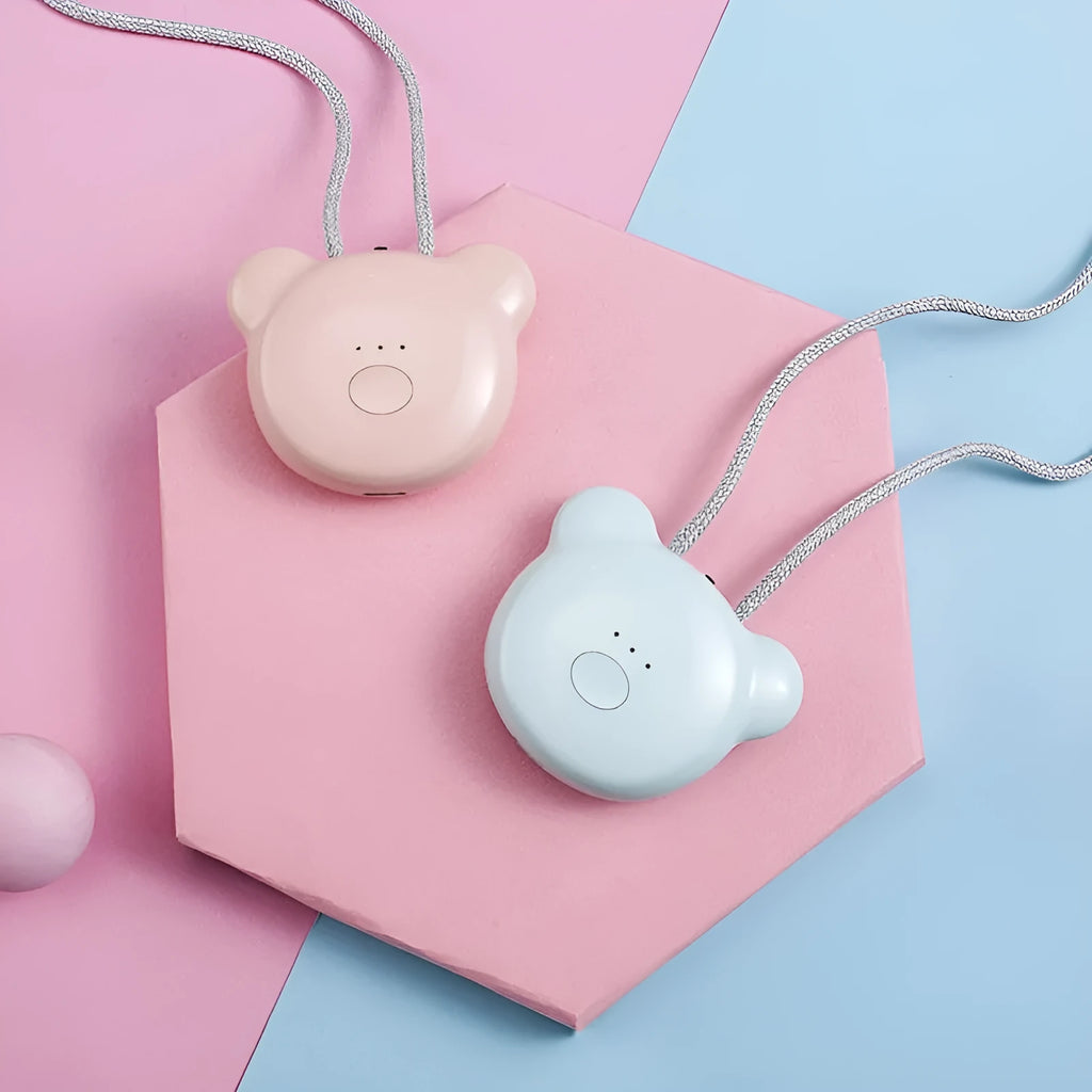 Mini USB portable air purifier necklace in blue colour, showing wearable design and single button.