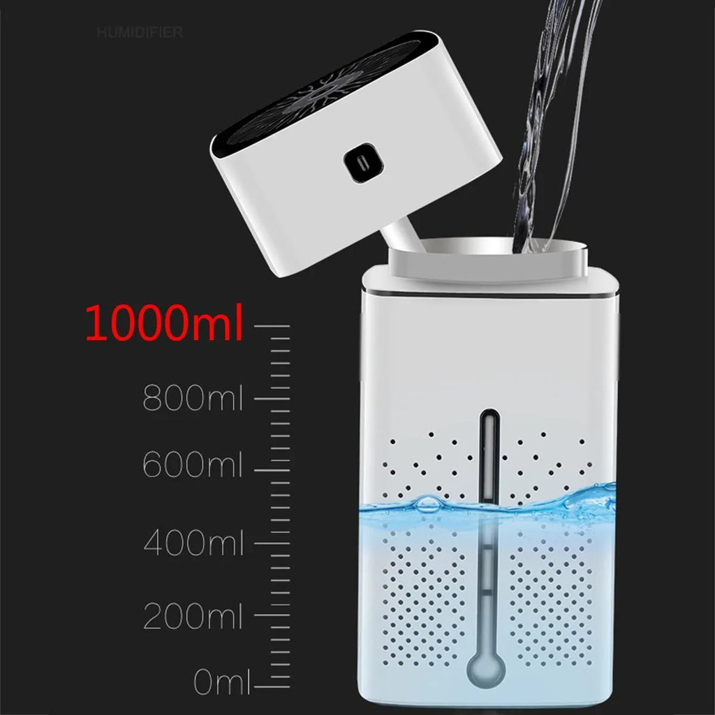 Black and white desktop humidifier with USB cable, showing compact 103x103x218mm size.