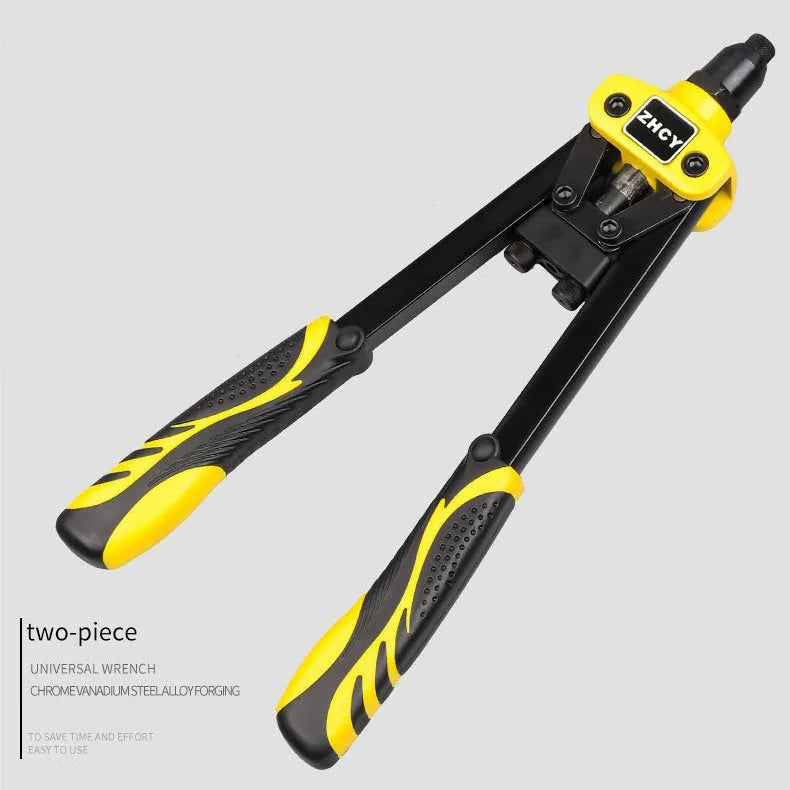 Yellow 13-inch manual rivet gun with three nozzle tips for 3.2mm 4.0mm 4.8mm rivets