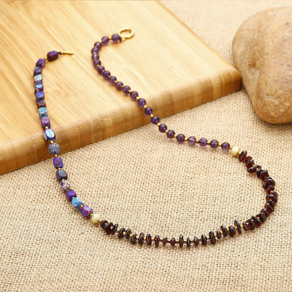 Amethyst round beads stone bracelet with garnet, handmade, unisex, purple colour, geometric shape