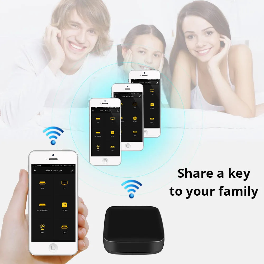 Black voice control universal infrared remote control with WiFi connectivity.