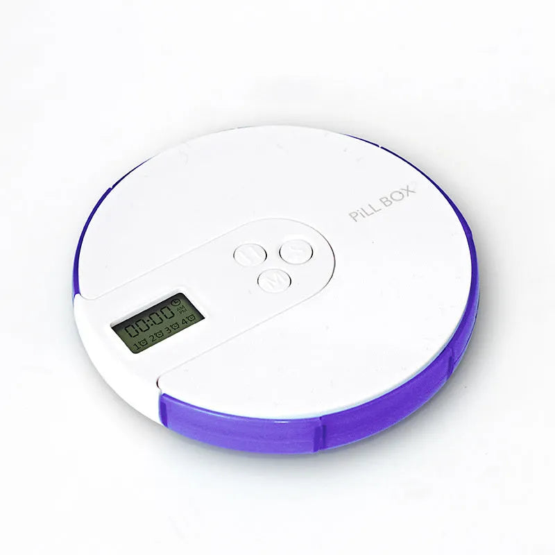 Seven compartment alarm clock pill dispenser showing medication compartments and display