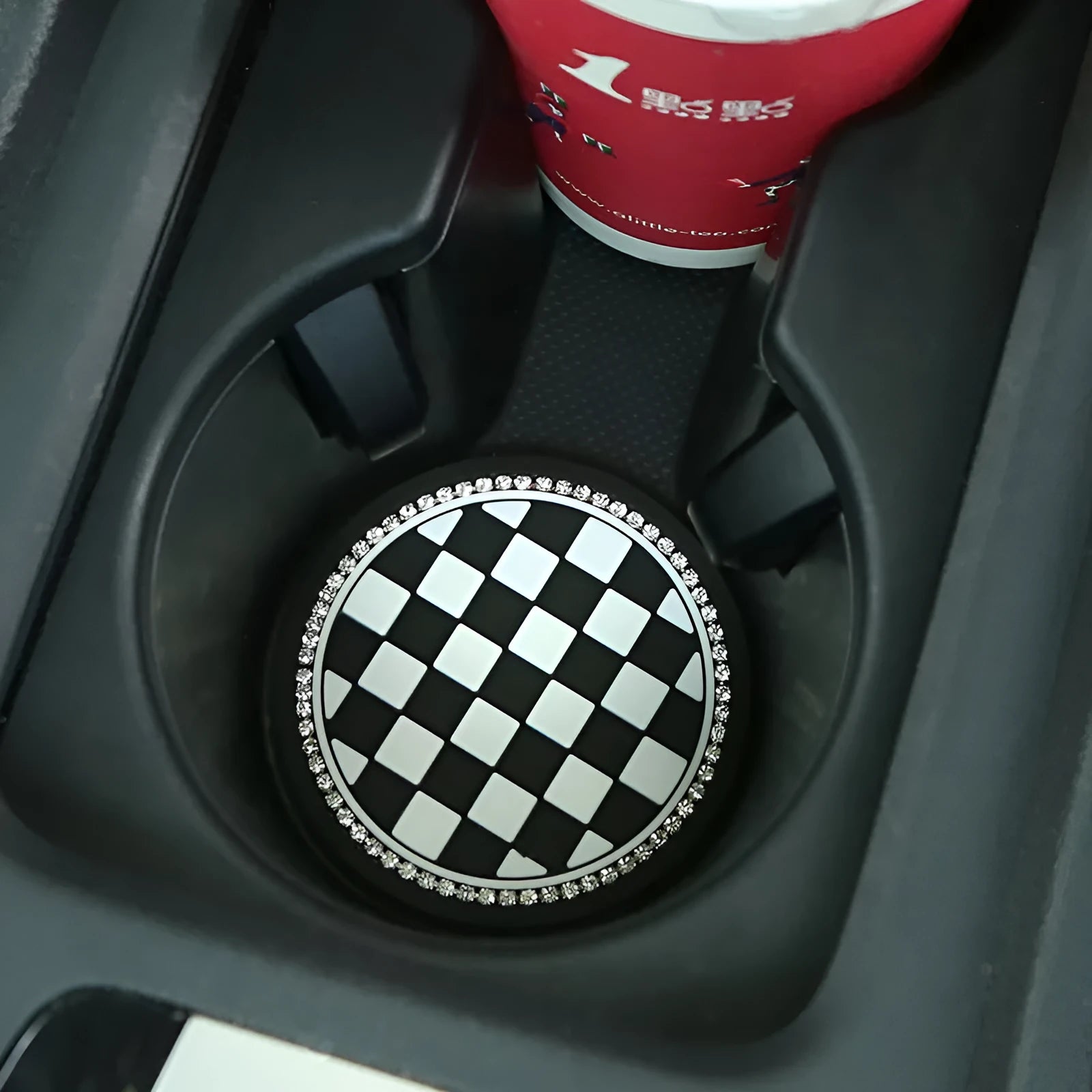 Universal PVC car water cup mat with non-slip base in four pattern options for door slot installation