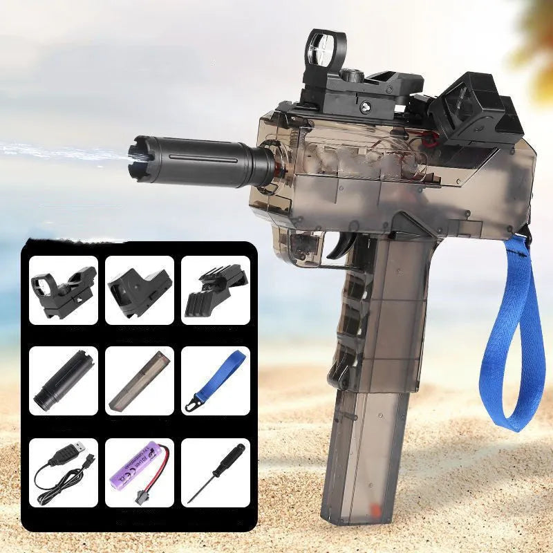 Electric water gun with transparent body and rechargeable battery held in hand, showing blue colour option
