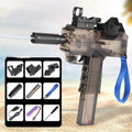 Electric water gun with transparent body and rechargeable battery held in hand, showing blue colour option