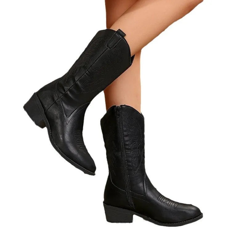 Women's solid colour mid-calf Martin boots with pointed toe and chunky heel in black