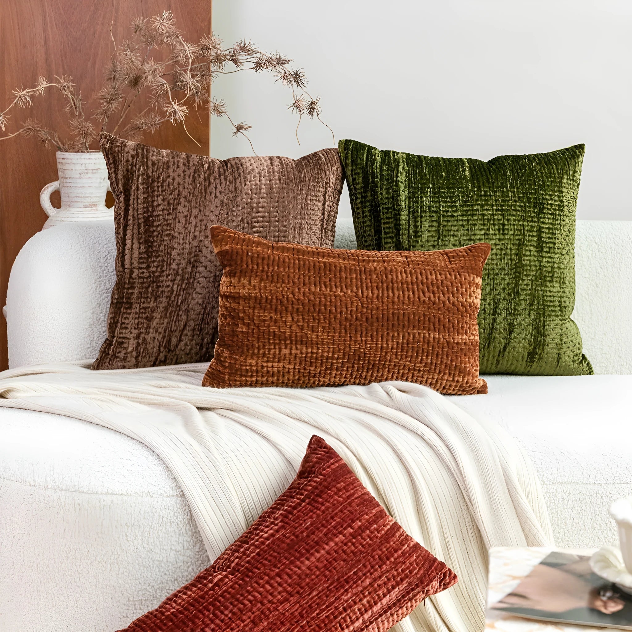 Antique style Chinese decorative cushion with textured velvet fabric in green, red, mocha, or orange
