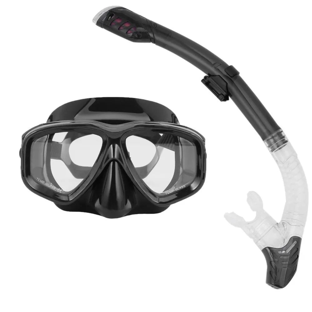 Diving goggles with transparent glass lens and blue silicone mask on an adjustable strap.