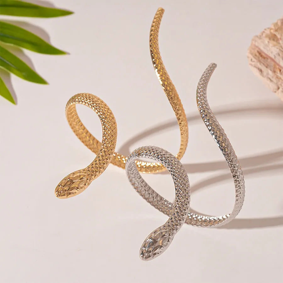 Gold metal ring and bracelet set with exaggerated twisted winding design and simulated snake opening details